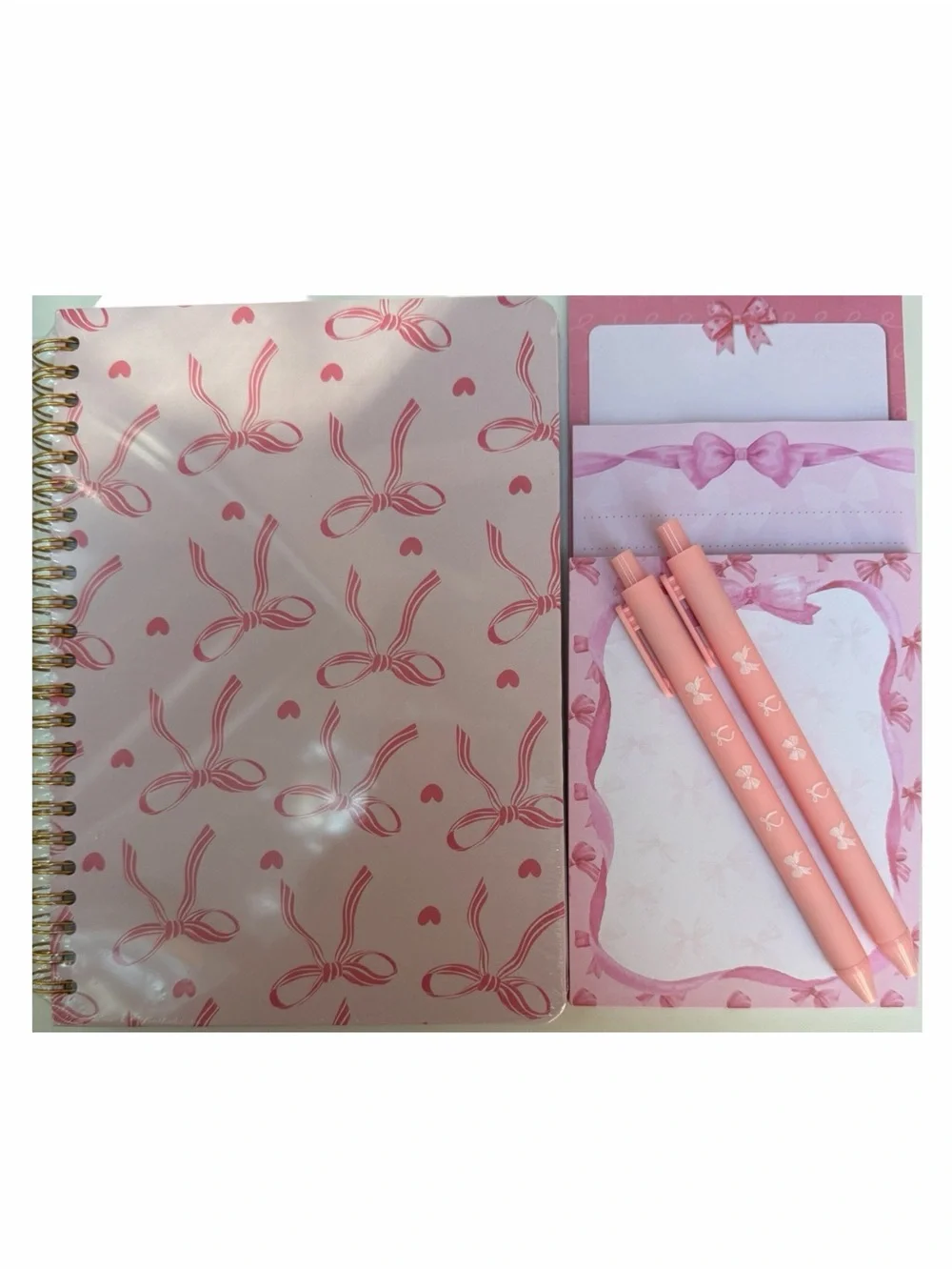 Pink Bow Spiral Notebook, 3-Piece Notepad Set with Matching Pens New